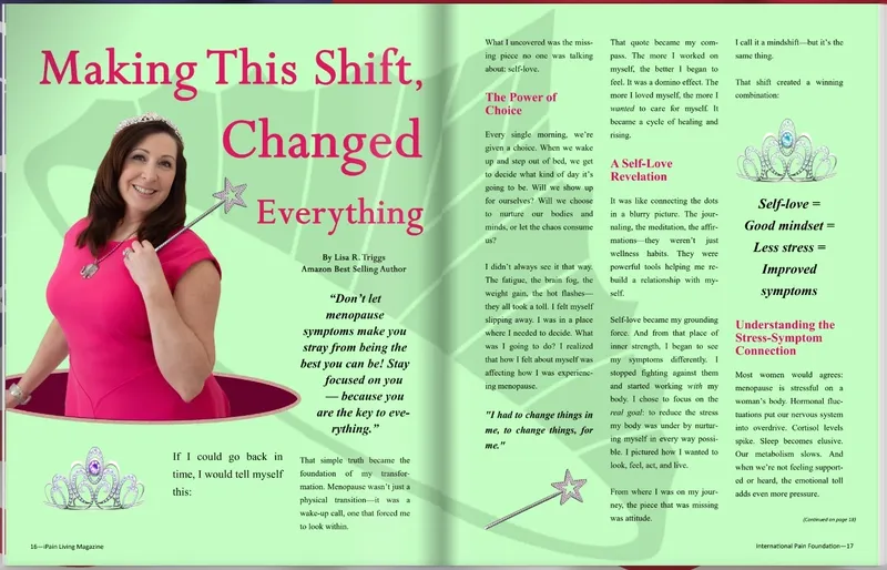 Woman in pink holding a wand, article spread.